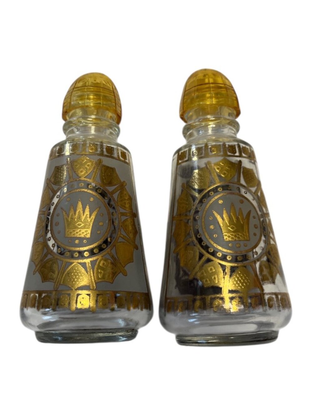 Vintage Gold Crown Salt and Pepper Shakers Mid Century Glass Hollywood Regency B